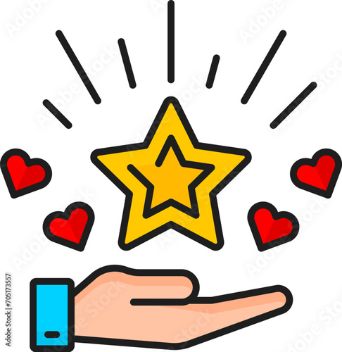 Brand recognition. SEM. Search engine marketing. Search engine marketing campaign analysis or social media ads performance online service outline vector icon, SEM pictogram with star in human hand
