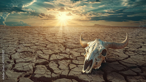 Climate change and water scarcity warning scene - bone-dry landscape with large bull skull placed in foreground. The skull is positioned on dirt field, surrounded by barren and arid environment. photo