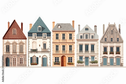 Assorted old houses in cartoon style, selective focus