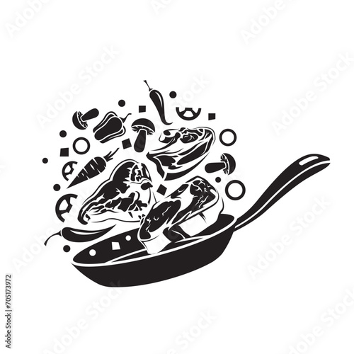 meat cooking process on pan isolated on white background