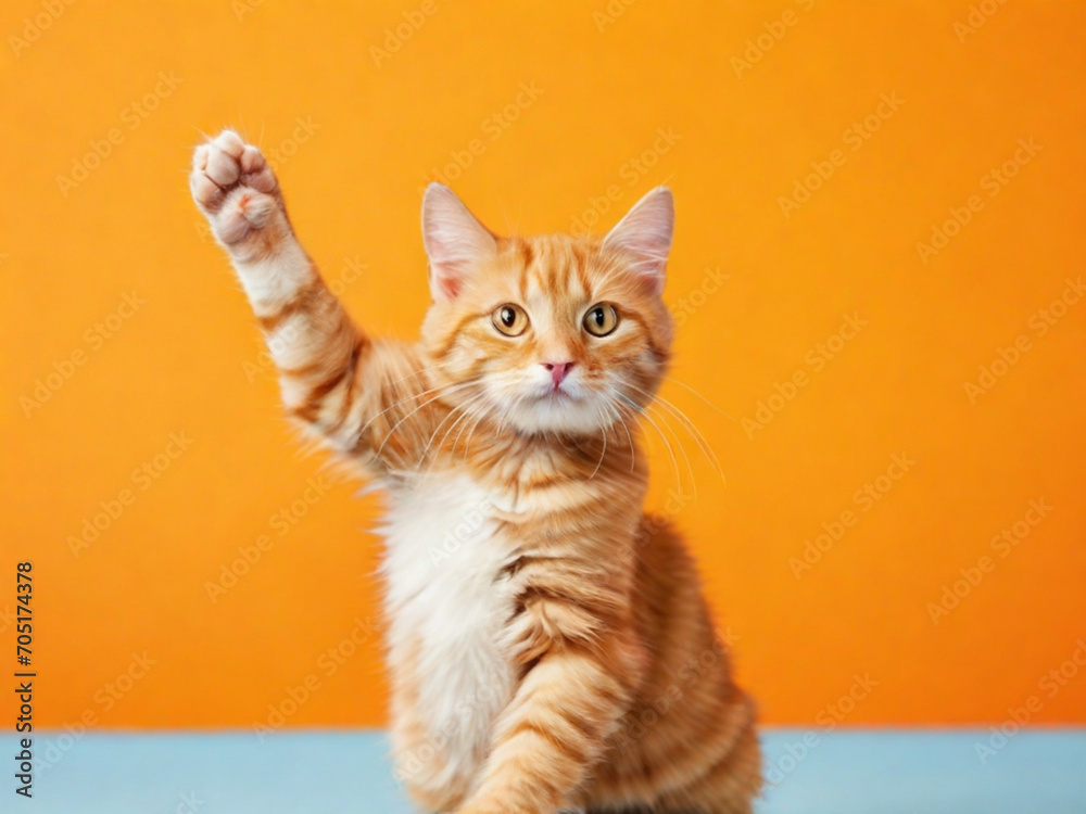 Funny ginger cat with raised front paws on orange background ai image 