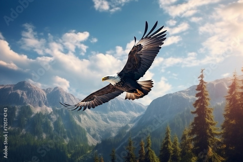 An awe-inspiring generative AI-composed scene showcases a magnificent North American bald eagle soaring gracefully high above. The majestic eagle dominates the expansive sky against a breathtaking sce