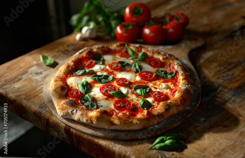 Margherita pizza on a board, with tomatoes, basil, and garlic on the background