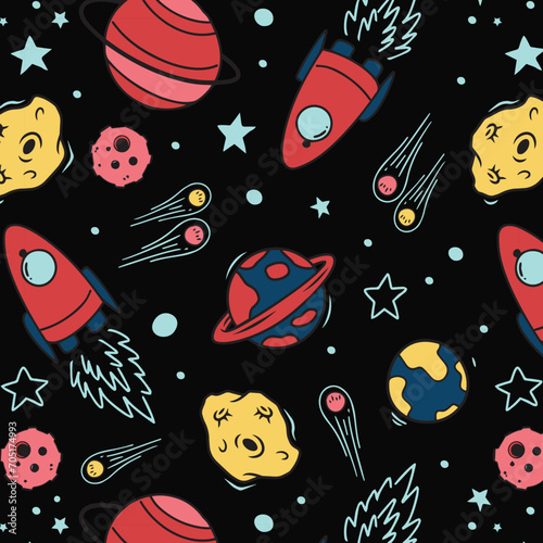 Color seamless space pattern. Hand drawn planets, cosmic galaxy texture and doodle moon vector illustration. Universe exploration, cosmos symbols texture. Colorful wallpaper, cosmic textile design