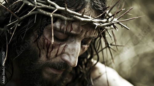 Generative AI  Jesus Christ in crown of thorns  photo close up