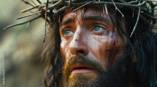 Generative AI, Jesus Christ in crown of thorns, photo close up photo