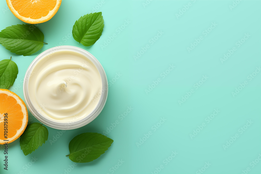 Overhead view of a jar of vitamin C face cream on a mint blue background and sliced oranges, the presence of sliced citrus fruits symbolizes the presence of a large amount of vitamin C in the cream. - obrazy, fototapety, plakaty 