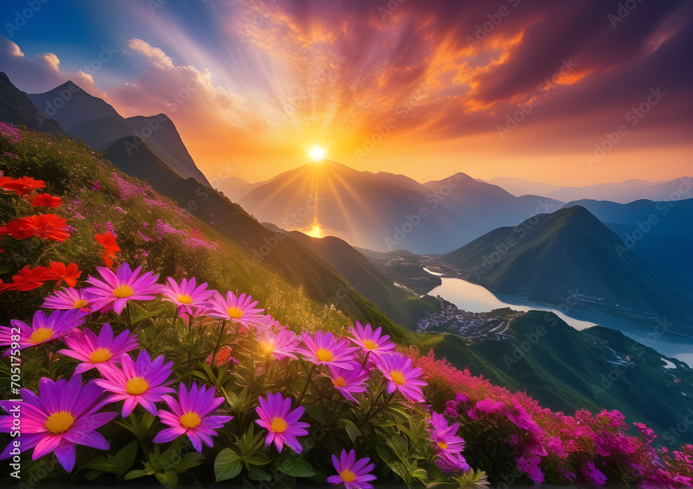 Beautiful flowers in sunset 