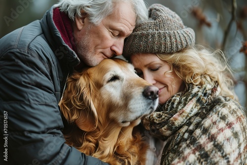 an attractive middle-aged couple hugs their old dog © Pekr
