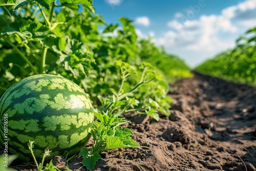 Green Watermelon growing in the garden