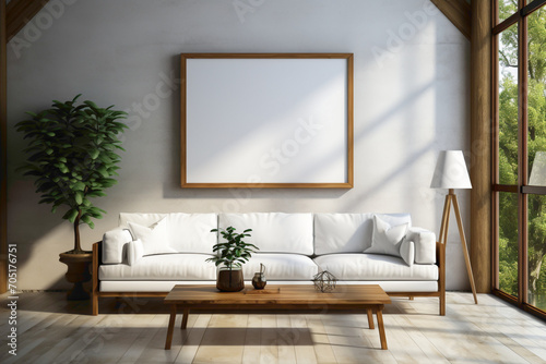 Embrace the simplicity of design in your living room. Visualize an empty frame in a simple mockup, serving as a perfect starting point for your creative journey in a serene environment.