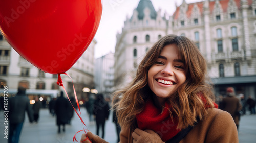 A chic, happy, smiling, beautiful, sweet, sexy girl walks through the streets of a European city with large red heart-shaped balloons. photo