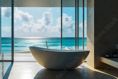 Generative AI illustration of luxury bathroom with bathtub and window