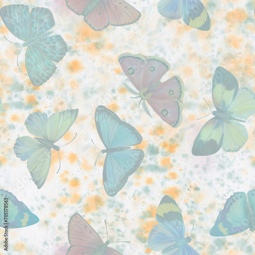 abstract watercolor seamless pattern, delicate butterflies hand drawn illustration on color background © Sergei