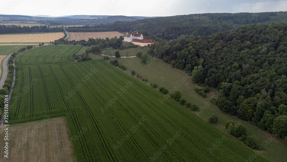 Mochental Castle with landscape taken from above, drone photo