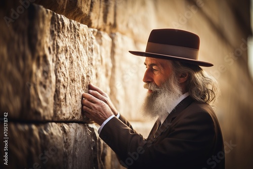 Orthodox Jew with a kippah praying at the Western Wall