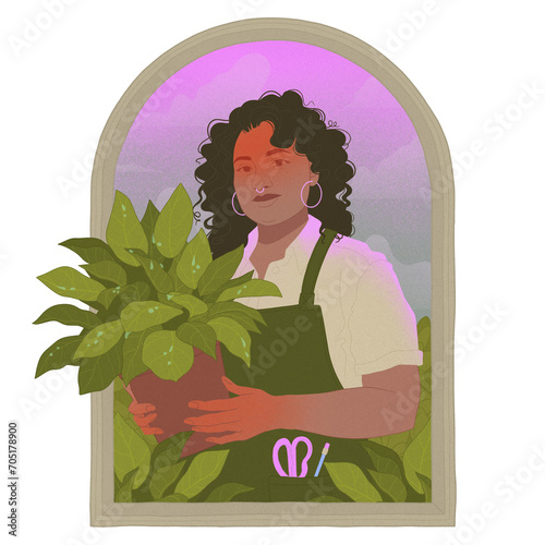 garden center worker holding a potted plant in an outdoor field square editorial illustration transparent background (ID: 705178900)