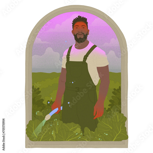 farmer watering crops in an outdoor field square editorial illustration transparent background (ID: 705178904)