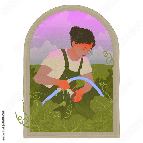garden center worker watering crops in an outdoor field square editorial illustration transparent background (ID: 705178909)