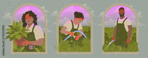 garden center workers and farmers watering crops and holding potted plants in an outdoor field horizontal editorial illustration (ID: 705178918)