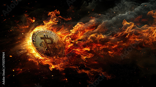 Golden Bitcoin engulfed in flames on black background - rising price concept
