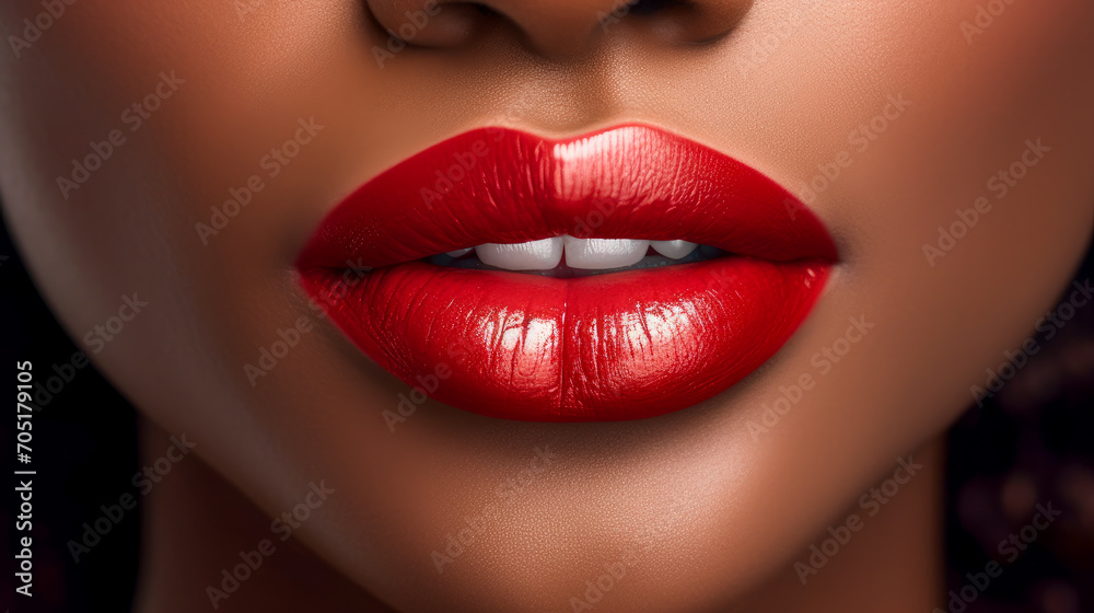 Lips with red lipstick and white teeth of a beautiful, elegant, sexy white woman with perfect skin, close-up. - obrazy, fototapety, plakaty 