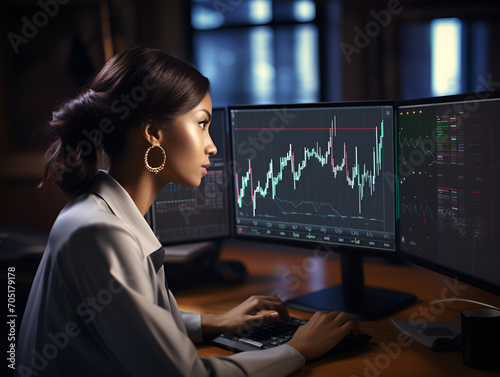 a young woman near the computer. analysis of sales schedules. trading. 