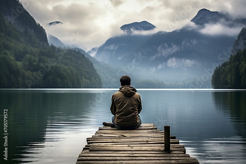 man sitting on the jetty admiring the beauty of lake konigssee photo