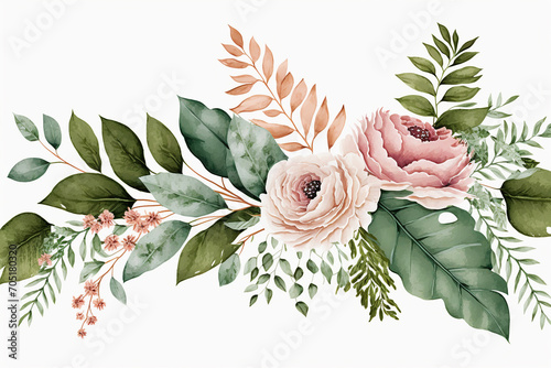 Bouquet border - green leaves and blush pink flowers on white background. Watercolor hand painted seamless border. Floral illustration. Foliage pattern. Created with generative AI technology
