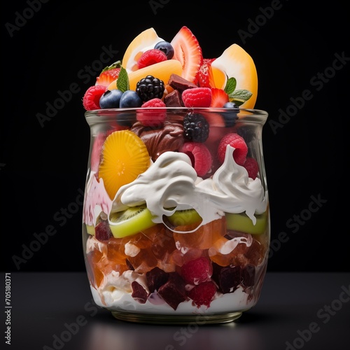 Dessert made of yoghurt, whipped cream and fresh tropical fruitsin glass jar, photo