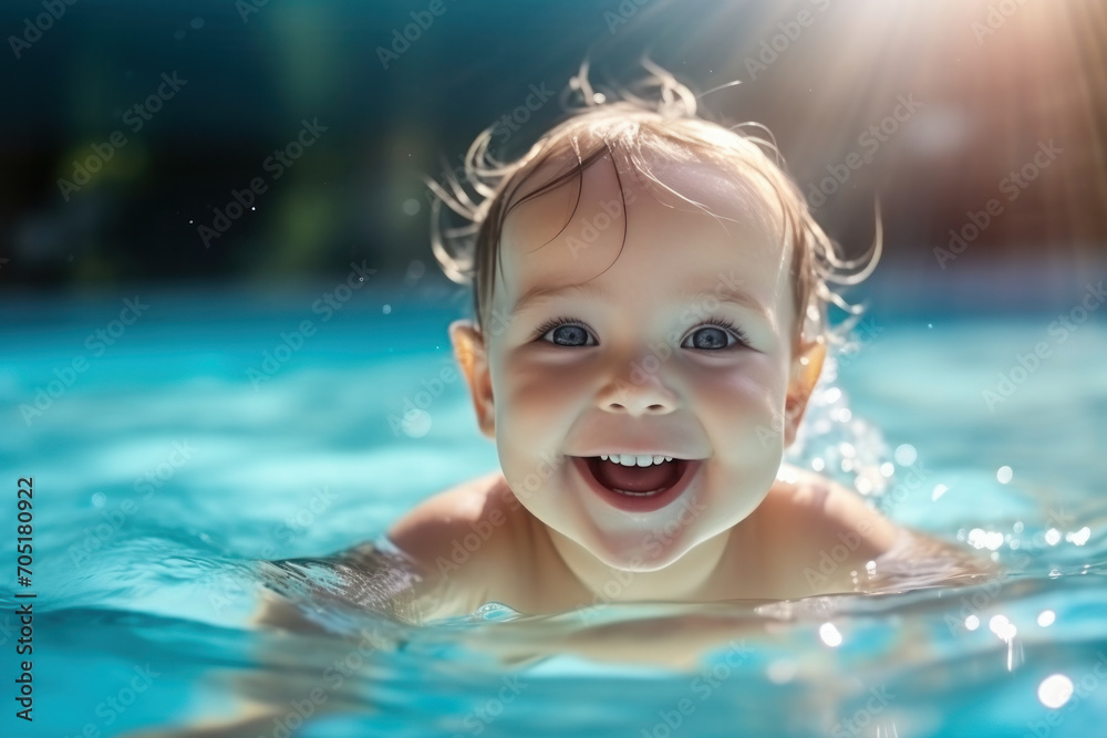 Excited child enjoying water fun in a sunny pool, radiating joy and happiness during a cheerful and active summer day.