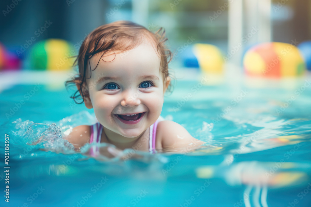 A joyful baby learning to swim, splashing in a blue pool. A joyful baby learning to swim, splashing in a blue pool.