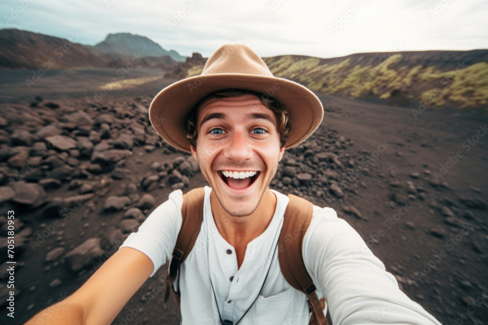 A joyful tourist taking a selfie in a volcanic landscape during an adventurous vacation.