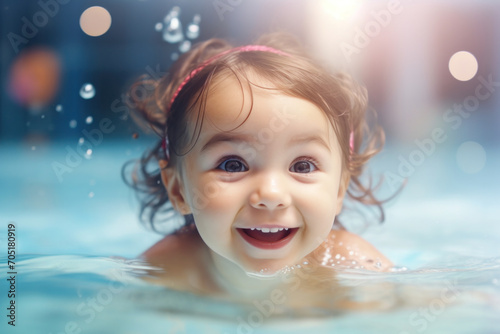 Delighted infant learning to swim in a family pool, fostering a sense of water confidence and fun during summer. © Iryna