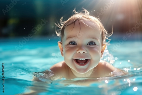 Excited child enjoying water fun in a sunny pool  radiating joy and happiness during a cheerful and active summer day.