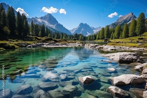 Stunning mountain lake in the Alps with crystal clear water