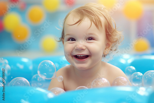 A happy baby taking a bath with bubbles  enjoying cheerful moments.