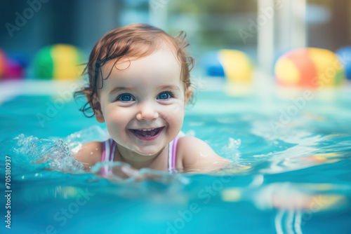 A joyful baby learning to swim, splashing in a blue pool.