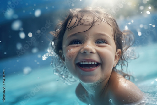 Cheerful infant enjoying underwater swimming  promoting water confidence and family bonding in a summer pool setting.
