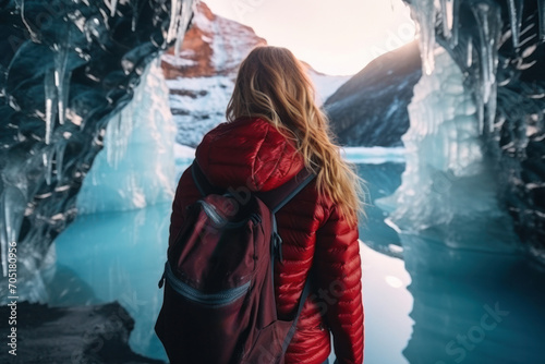 An explorer, young woman with a backpack in an icy landscape, surrounded by mountains and glaciers. © Iryna
