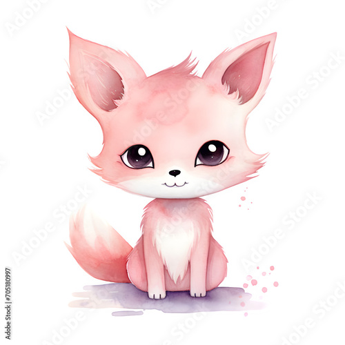 watercolor cute fox in pink color clipart illustration, transparent background