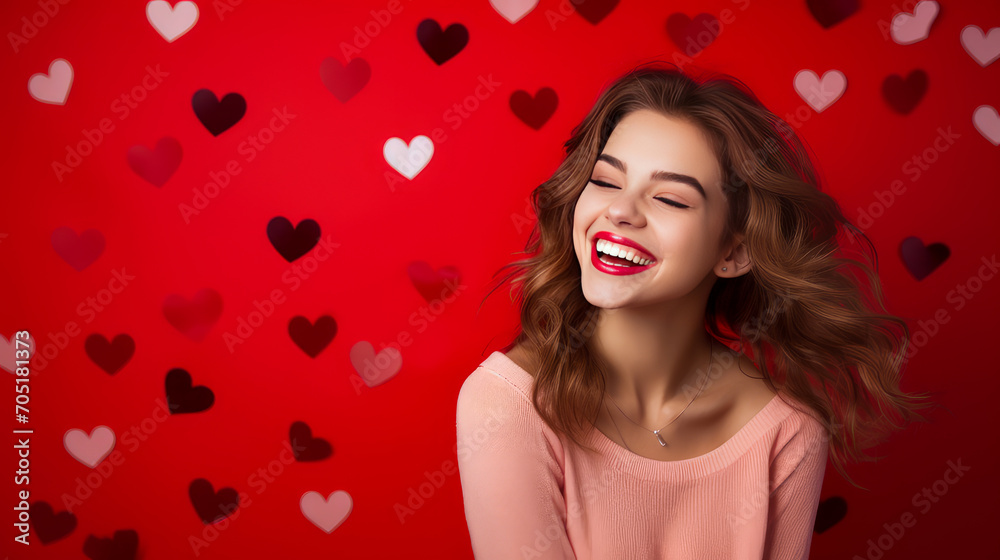 Happy, elegant, laughing, carefree girl, woman with heart on red background for Valentine's day, banner. Happy, elegant, laughing, carefree girl, woman with heart on red background for Valentine's day, banner.