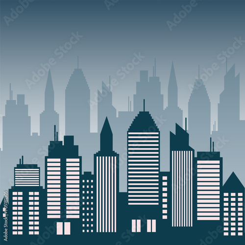 Business district illustration in monochrome blue style. City downtown buildings design. Urban area. Stock vector illustration