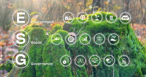 ESG environmental social governance investment business concept. ESG infographic . Business investment strategy concept. Digital hologram. Corporate 4K video