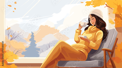 Instruct the AI to generate a sophisticated 16:9 vector artwork, intricately depicting the joy of holiday relaxation with a happy Asian woman. Immerse yourself in the cozy ambiance of a winter morning