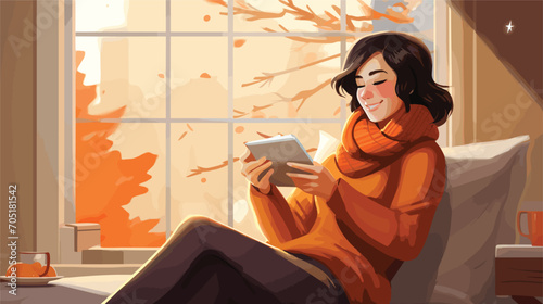 Instruct the AI to generate a sophisticated 16:9 vector artwork, intricately depicting the joy of holiday relaxation with a happy Asian woman. Immerse yourself in the cozy ambiance of a winter morning
