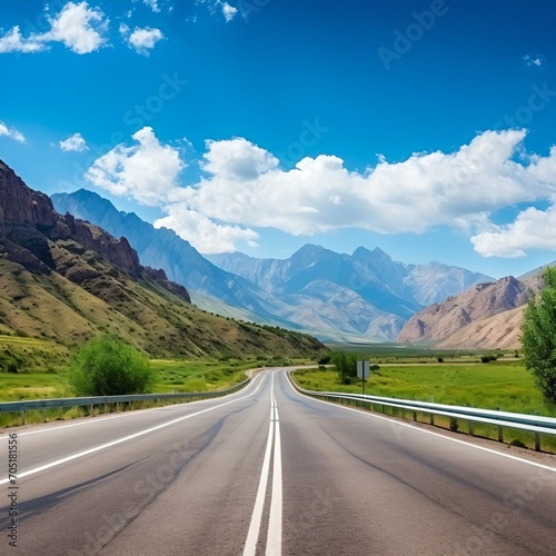 Scenic view of an empty asphalt road through green fields and mountains