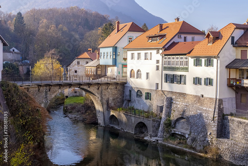 Capuchin Bridge in Skofja Loka over Selska Sora river, medieval town in Slovenia