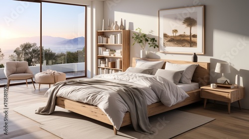 Modern bedroom interior with a large bed, a bookshelf, and a view of the ocean © duyina1990