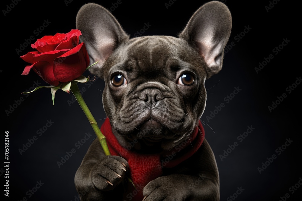 Cute dog holding a red rose as a Valentine's Day gift